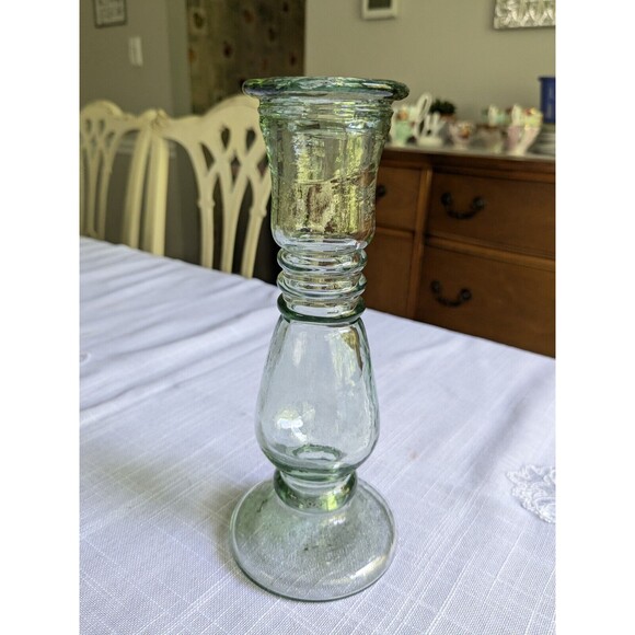 Antique Look Glass Candlestick/Bud Vase Green Tinted Thick 8" Farmhouse Cottage - Picture 1 of 12